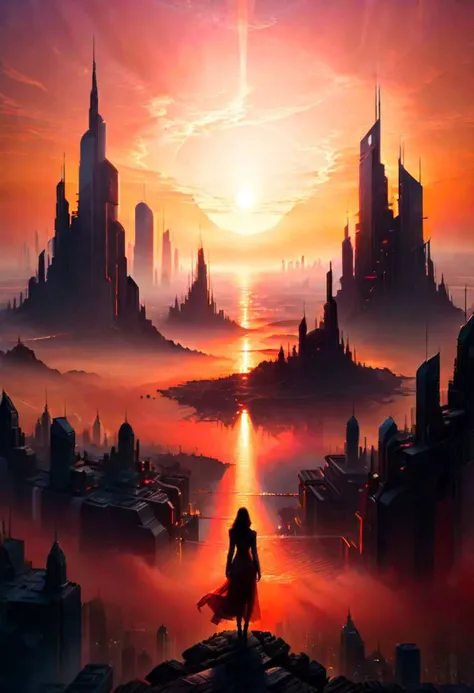 A hazy, otherworldly sunset bathes the futuristic metropolis in red and orange hues. The cityscape stretches out to the horizon, towering spires piercing the sky. In the foreground, a solitary figure stands with her back turned to us, gazing at the vista before her. Her silhouette is etched against the fading light, casting an ethereal glow on her slender form.