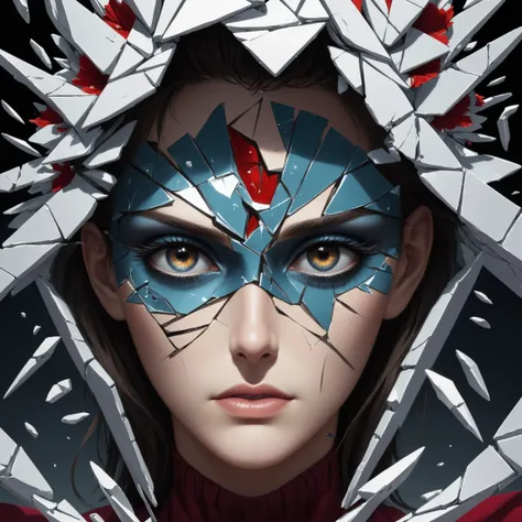 [anime, The character is shrouded in mystery and symbolism, representing the duality between light and dark, good and evil. Their appearance reflects the struggle between these forces within themselves, as well as the world around them.
The main focal point of the design is the mask, which represents deception and manipulation. The eyes are hidden behind a veil of feathers, giving the impression of someone who hides their true intentions. The intricate patterns on the mask also represent the complexities of life and the choices we make.
The overall design features a mix of organic and geometric shapes, creating a contrast between chaos and order. This further emphasizes the internal conflict experienced by the character. The red robes signify passion, anger, and intensity, while the white cape represents purity and protection.|shattered reference of mind,  fractured reflection, delirious, shards of a fractured and cracked face, floating broken shards, refractions, abstract]