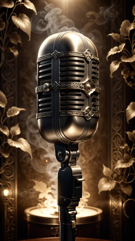 a masterful and gritty metaphysical metropolis theme, photorealistic,  a product photo of a vintage art deco microphone, all metallic surface area etched with fleur de lis and victorian vine pattern textures, engraved, night, cigarette smoke, vignette, uhd, 8k, sepia toned, intense lighting, award winning masterpiece, extremely detailed, detailed background, cinematic, complex and multidimensional lighting,  <lora:xl_more_art-full_v1:0.6>,