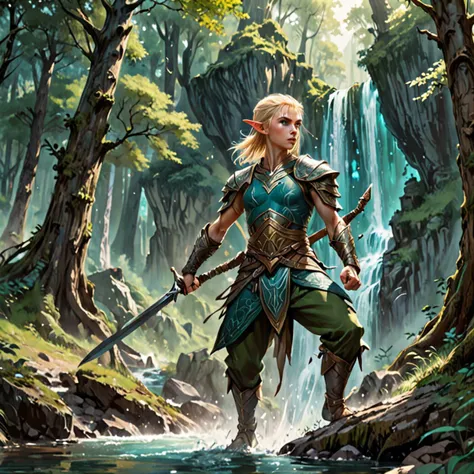 Action scene, dynamic pose, firm stance, combat stance,
Focus on (Warrior, Athlete, Short, Lean, Triangular Face, Olive Skin, Blonde Hair, teal Eyes, Short Nose, Thin Lips, Prominent Chin, Ducktail, Very Long, Messy, A lush elven forest, filled with towering trees and sparkling streams) fighting (Harpy),
In a towering mountain fortress, home to a clan of warrior monks,
