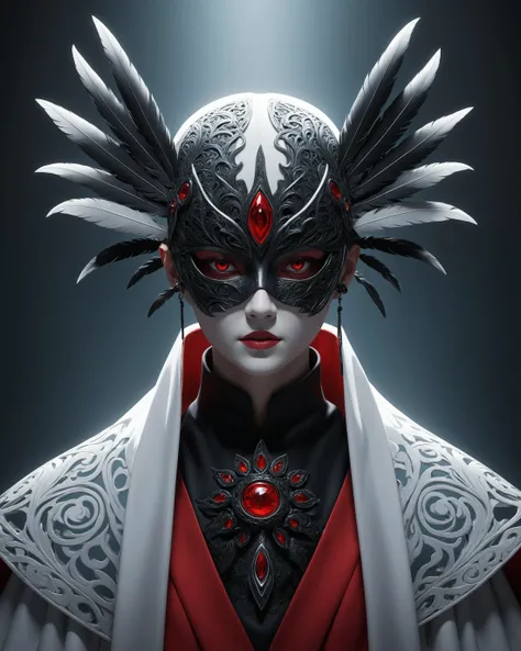 horror , (anime:1.4), the character is shrouded in mystery and symbolism, representing the duality between light and dark, good and evil. Their appearance reflects the struggle between these forces within themselves, as well as the world around them. The main focal point of the design is the mask, which represents deception and manipulation. The eyes are hidden behind a veil of feathers, giving the impression of someone who hides their true intentions. The intricate patterns on the mask also represent the complexities of life and the choices we make. The overall design features a mix of organic and geometric shapes, creating a contrast between chaos and order. This further emphasizes the internal conflict experienced by the character. The red robes signify passion, anger, and intensity, while the white cape represents purity and protection.