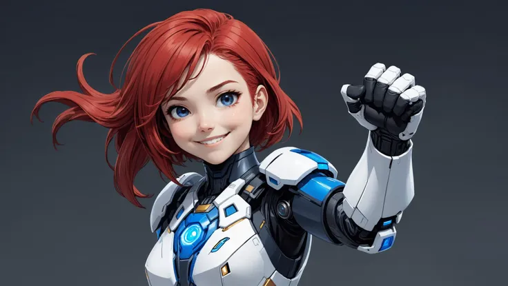 white blue gold exosuit, female, red hair, fine details, comic lineart, upper body, confident smile, [mecha:0.3], flawless, cute, black hair tie, black gloves, action painting , fighting pose, fist,