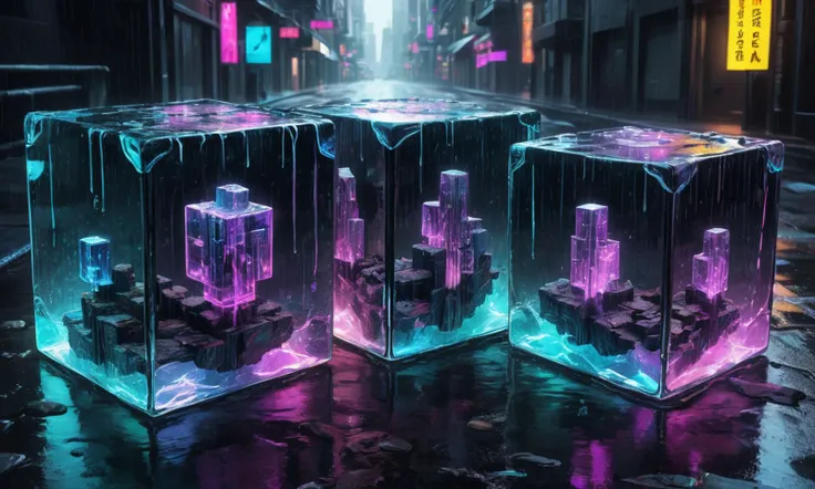 three cubes made out of water in rainy cyberpunk city, neon glass cube, bismuth, ultra detailed intricate