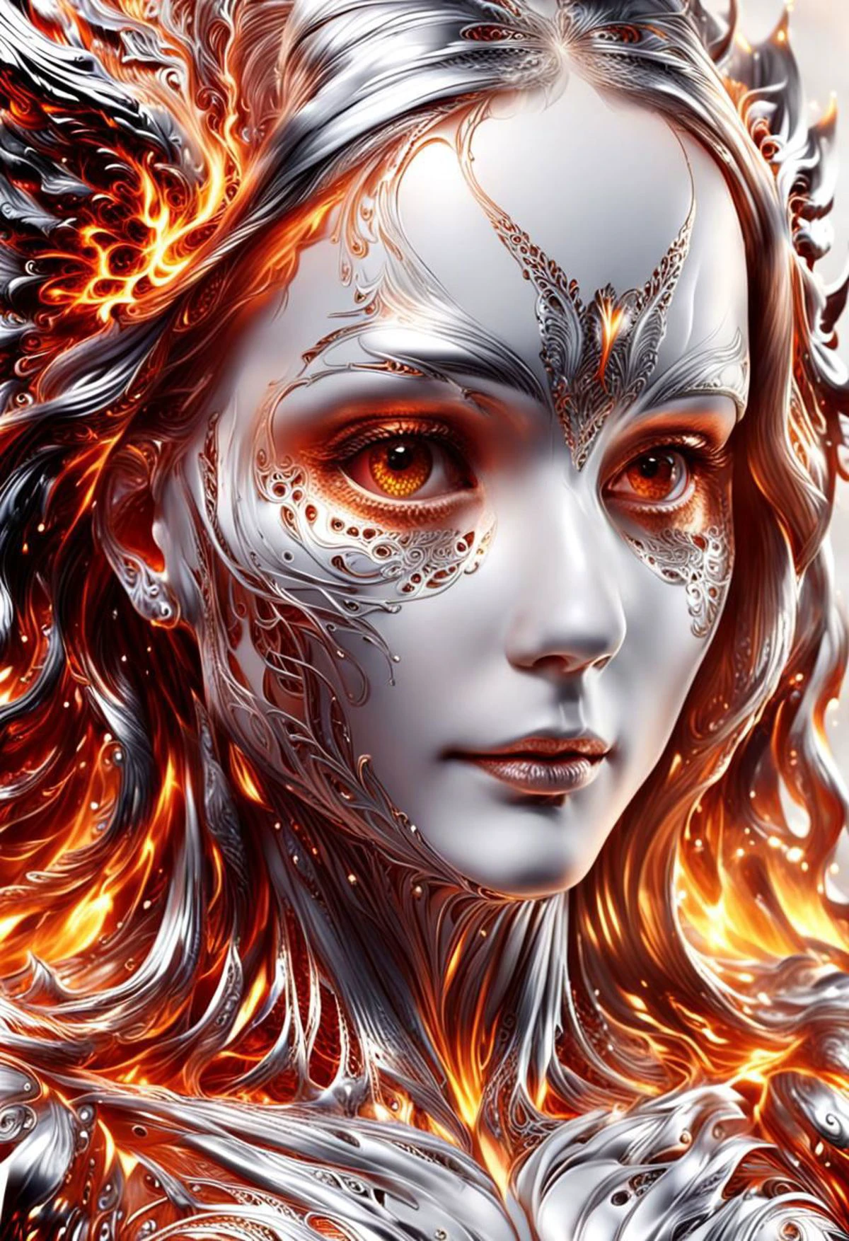 ral-chrome, ral-lava, attentive female, highly detailed face, flaming wings, lace filigree, super resolution, symmetry, white parchment background, 3/4 shot