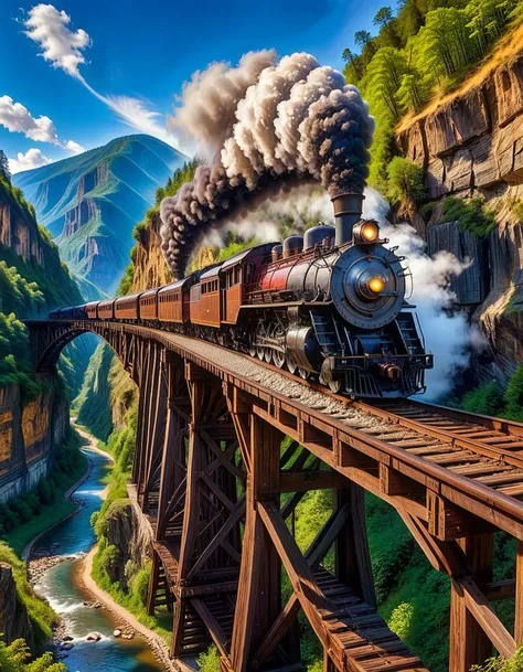 from below, steam locomotive on wooden trestle bridge, deep gorge, 4k, hdr, high quality, mountain view background, lazy river,