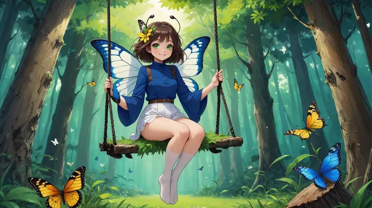 a cartoon picture of a woman on a swing, 1girl, against_tree, animal, animal_ears, beetle, bird, blue_butterfly, blue_flower, broom, bug, bush, butterfly, butterfly_hair_ornament, butterfly_net, butterfly_on_hand, butterfly_wings, day, dragonfly, flower, foliage, forest, furry, garter_belt, garter_straps, glowing_butterfly, grass, green_eyes, hair_between_eyes, hair_flower, hair_ornament,jungle, leaf, log, looking_up, nature, on_grass, open_mouth, outdoors, plant, sitting, smile, solo, staff, swing, thighhighs, tree, tree_stump, white_butterfly, white_legwear, wide_sleeves, yellow_butterfly, yellow_flower,
best quality, highres, surrealism, abstract, inspired by studio ghibli style, drawn by studio mappa style, lines by artist takehiko inoue
best quality, highres, surrealism, abstract, inspired by studio ghibli style, drawn by studio mappa style, lines by artist takehiko inoue