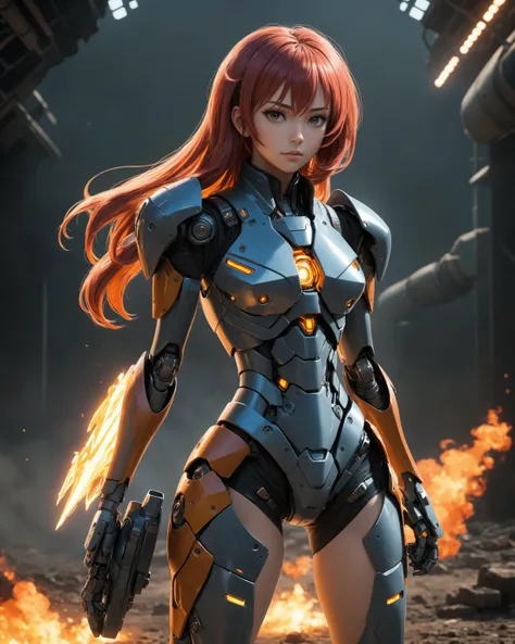 [anime shading:1], solo concept art, military colors, colorful hair, charming, confident stride, sexy exosuit, medium breast, slim legs, slim thighs, field of depth, cinematic lighting, long hair, sci-fi, industrial pipe, embers, cyborg, mecha musume, n7 armor