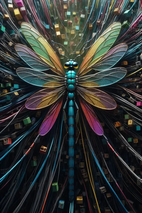 a chaotic mess of colorful wires connecting a dense array of colorful shiny boxes, forming the shape of an insect, a damselfly made of wires and boxes