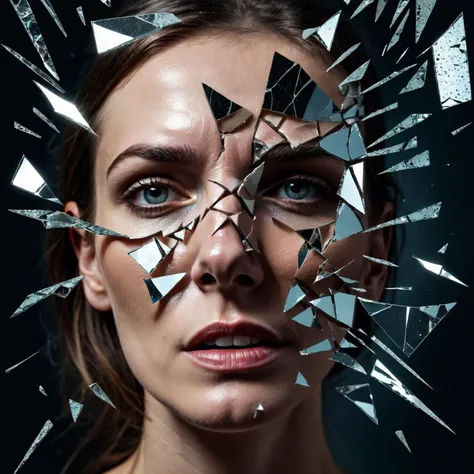 shattered reference of mind, fractured reflection, delirious, shards of a fractured and cracked face, floating broken shards, refractions, abstract