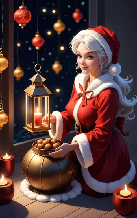 isometric style, vibrant, beautiful, crisp, detailed, ultra detailed, intricate BREAK, inside, minimalistic holiday art, mrs. claus, figgy pudding,tinsel, overflowing with love and goodwill,full of anticipation and excitement,enchanting and magical, lanterns, donating to charities and volunteering during the holidays
