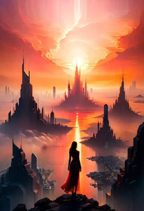 A hazy, otherworldly sunset bathes the futuristic metropolis in red and orange hues. The cityscape stretches out to the horizon, towering spires piercing the sky. In the foreground, a solitary figure stands with her back turned to us, gazing at the vista before her. Her silhouette is etched against the fading light, casting an ethereal glow on her slender form.