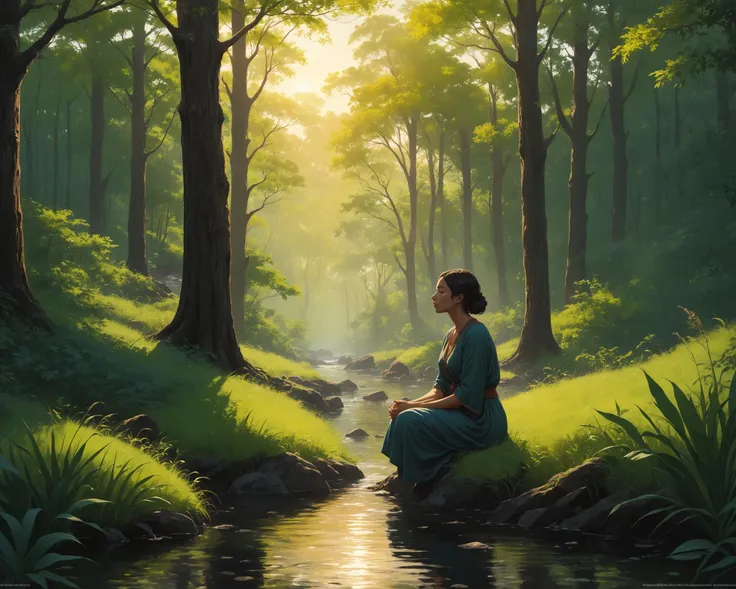 a scenic landscape, basked in golden sunlight, where tall trees sway gently in the breeze. On a grassy clearing lies a small stream, trickling its way through the dense undergrowth. Birdsong fills the air, adding to the sense of tranquility. At the center of this idyllic scene stands a figure, with eyes closed and hands pressed together in front of their chest - a human being lost in deep contemplation. Their silhouette is framed against the vibrant hues of surrounding vegetation, clad in loose-fitting garments that blend seamlessly into the environment. Here time seems to stand still, allowing for a moment of peaceful introspection amidst the chaos of daily life.