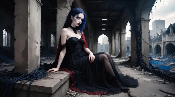 (A pale beautiful nu-goth girl with lapis blue eyes, dressed in a nu-gothic black dress with a red tulle shawl:1.1), (sitting on the ground and leaning on the wall of a decrepit building in a city destroyed by the apocalypse:1.12) and covered in black vines and roots,( 2.5d, digital illustration, digital art, dark fantasy art style, nu-gothic art design:1.11), hard light, natural light, Moody Lighting, Film Grain, Ultra-Wide Angle, Long Exposure, 8K, HDR