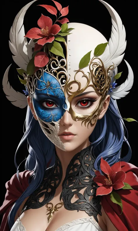 [anime, The character is shrouded in mystery and symbolism, representing the duality between light and dark, good and evil. Their appearance reflects the struggle between these forces within themselves, as well as the world around them.
The main focal point of the design is the mask, which represents deception and manipulation. The eyes are hidden behind a veil of feathers, giving the impression of someone who hides their true intentions. The intricate patterns on the mask also represent the complexities of life and the choices we make.
The overall design features a mix of organic and geometric shapes, creating a contrast between chaos and order. This further emphasizes the internal conflict experienced by the character. The red robes signify passion, anger, and intensity, while the white cape represents purity and protection.|a anbstract representation of a woman, made up from a skull with a tree and leaves on it, inspired by Alberto Seveso, sylvain sarrailh and igor morski, discord picture, thorn crown, detailed full body, portal, edgar maxence and ross tran, eyeless, crown of blue flowers, made of intricate metal and wood, dren from splice, cartoonish]