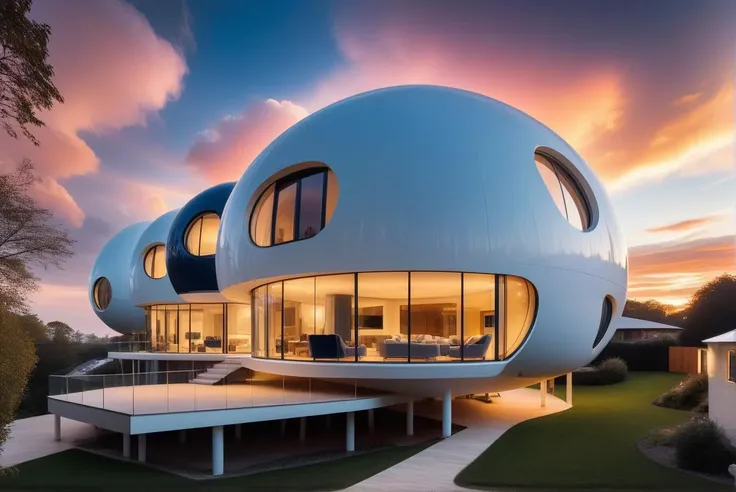 a spherical retro-future house on stilts, white shell exterior, catching the evening sun, rose-tinted clouds streak twilight skies of gold and navy-blue, masterpiece, award-winning architecture photo, architecture, grand designs,