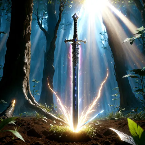 a (magical:1.1) greatsword the blade planted in the ground in a devasted land,a ray of light on the sword,an (aura of energy:1.2) revolves around the blade,realistic,high detail,4k,uhd
