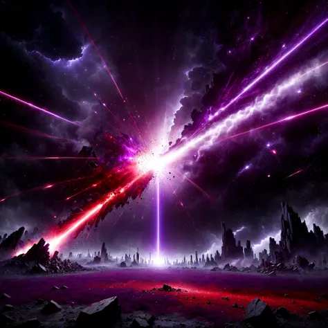 dark purple mixed with red and grey energy particle beam hitting the ground from the sky,in a devasted world,