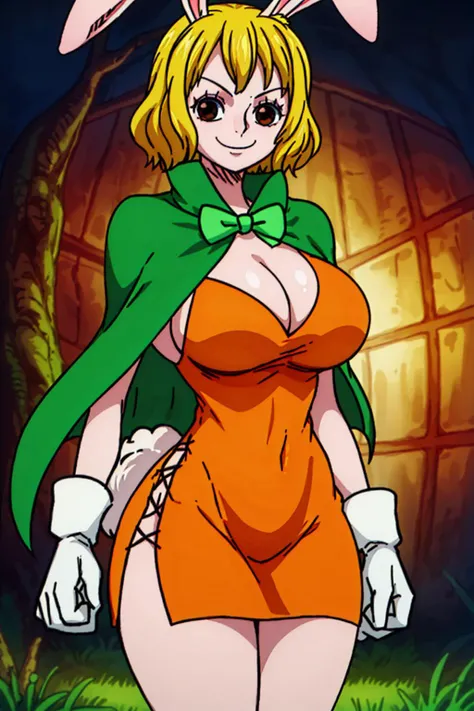 carrot_\(one_piece\), white_skin, 1girl, rabbit_girl, solo, standing, (huge massive breasts), (sideless_outfit:1.3), (sideboob), (cross-laced_top), orange_dress, short_dress, cleavage, cape, gloves, bare_legs,
embarrassed, smile, brown_eyes, yellow_hair, short_hair, rabbit_tail, rabbit_ears, green_bowtie,
forest,