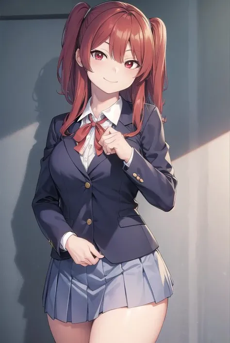 chihotoshima, <lora:chiho toshima manga-lora-nochekaiser:1>,
chiho toshima, long hair, (red eyes:1.3), red hair, two side up, smile, smug,
BREAK skirt, shirt, long sleeves, ribbon, school uniform, jacket, pleated skirt, socks, collared shirt, miniskirt, blazer,
BREAK indoors, classroom,
BREAK looking at viewer, (cowboy shot:1.5),
BREAK <lyco:GoodHands-beta2:1>, (masterpiece:1.2), best quality, high resolution, unity 8k wallpaper, (illustration:0.8), (beautiful detailed eyes:1.6), extremely detailed face, perfect lighting, extremely detailed CG, (perfect hands, perfect anatomy),