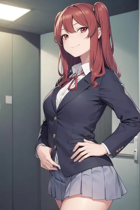 chihotoshima, <lora:chiho toshima manga-lora-nochekaiser:1>,
chiho toshima, long hair, (red eyes:1.3), red hair, two side up, smile, smug,
BREAK skirt, shirt, long sleeves, ribbon, school uniform, jacket, pleated skirt, socks, collared shirt, miniskirt, blazer,
BREAK indoors, classroom,
BREAK looking at viewer, (cowboy shot:1.5),
BREAK <lyco:GoodHands-beta2:1>, (masterpiece:1.2), best quality, high resolution, unity 8k wallpaper, (illustration:0.8), (beautiful detailed eyes:1.6), extremely detailed face, perfect lighting, extremely detailed CG, (perfect hands, perfect anatomy),