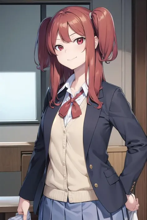 chihotoshima, <lora:chiho toshima manga-lora-nochekaiser:1>,
chiho toshima, long hair, (red eyes:1.3), red hair, two side up, smile, smug,
BREAK skirt, shirt, long sleeves, ribbon, school uniform, jacket, pleated skirt, socks, collared shirt, miniskirt, blazer,
BREAK indoors, classroom,
BREAK looking at viewer, (cowboy shot:1.5),
BREAK <lyco:GoodHands-beta2:1>, (masterpiece:1.2), best quality, high resolution, unity 8k wallpaper, (illustration:0.8), (beautiful detailed eyes:1.6), extremely detailed face, perfect lighting, extremely detailed CG, (perfect hands, perfect anatomy),