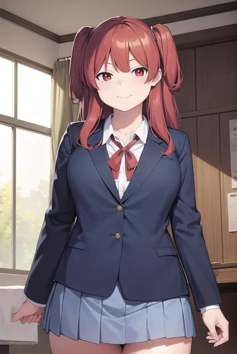 chihotoshima, <lora:chiho toshima manga-lora-nochekaiser:1>,
chiho toshima, long hair, (red eyes:1.3), red hair, two side up, smile, smug,
BREAK skirt, shirt, long sleeves, ribbon, school uniform, jacket, pleated skirt, socks, collared shirt, miniskirt, blazer,
BREAK indoors, classroom,
BREAK looking at viewer, (cowboy shot:1.5),
BREAK <lyco:GoodHands-beta2:1>, (masterpiece:1.2), best quality, high resolution, unity 8k wallpaper, (illustration:0.8), (beautiful detailed eyes:1.6), extremely detailed face, perfect lighting, extremely detailed CG, (perfect hands, perfect anatomy),