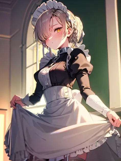 (ultra detailed),(masterpeace),(best quality), beautiful lighting,CG,(colour:1.2),outdoors, Palace., solo,
<lora:sheffield_azur_lane_V1:1>,sheffield \(azur lane\), maid_headdress,maid,apron,collar,chain,puffy_sleeves,high_heel_boots,juliet_sleeves,yellow_eyes,blonde_hair,bangs,frilled_dress,maid_apron,frilled_apron,ribbon,black dress,garter belt,knee socks,hair up,