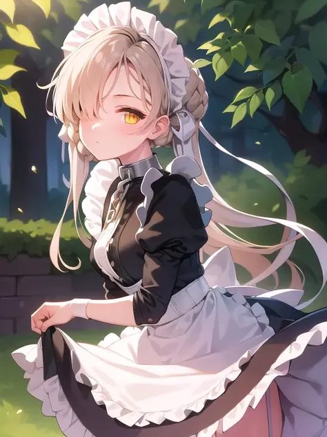 (ultra detailed),(masterpeace),(best quality), beautiful lighting,CG,(colour:1.2),outdoors, park, solo,
<lora:sheffield_azur_lane_V1:1>,sheffield \(azur lane\), maid_headdress,maid,apron,collar,chain,puffy_sleeves,high_heel_boots,juliet_sleeves,yellow_eyes,blonde_hair,bangs,frilled_dress,maid_apron,frilled_apron,ribbon,black dress,garter belt,knee socks,