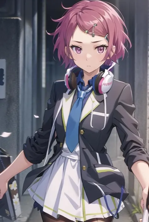 koitominase, <lora:koitominase-lora-nochekaiser:1>,
koito minase, (pink eyes:1.5), pink hair, short hair, swept bangs,
BREAK black shirt, blue necktie, brown pantyhose, buttons, collared shirt, dress shirt, hair ornament, hairclip, headphones, headphones around neck, jacket, long sleeves, necktie, open clothes, open jacket, pantyhose, plaid, pleated skirt, pocket, school uniform, shirt, skirt, unbuttoned, white jacket, white skirt
BREAK looking at viewer, full body,
BREAK indoors, classroom,
BREAK <lyco:GoodHands-beta2:1>, (masterpiece:1.2), best quality, high resolution, unity 8k wallpaper, (illustration:0.8), (beautiful detailed eyes:1.6), extremely detailed face, perfect lighting, extremely detailed CG, (perfect hands, perfect anatomy),