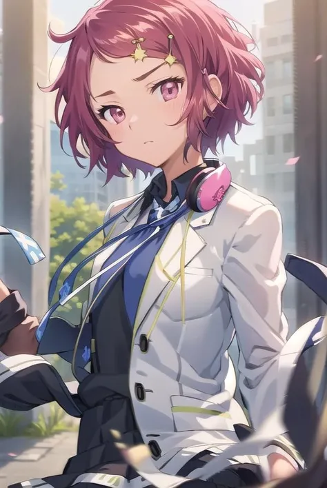 koitominase, <lora:koitominase-lora-nochekaiser:1>,
koito minase, (pink eyes:1.5), pink hair, short hair, swept bangs,
BREAK black shirt, blue necktie, brown pantyhose, buttons, collared shirt, dress shirt, hair ornament, hairclip, headphones, headphones around neck, jacket, long sleeves, necktie, open clothes, open jacket, pantyhose, plaid, pleated skirt, pocket, school uniform, shirt, skirt, unbuttoned, white jacket, white skirt
BREAK looking at viewer, full body,
BREAK indoors, classroom,
BREAK <lyco:GoodHands-beta2:1>, (masterpiece:1.2), best quality, high resolution, unity 8k wallpaper, (illustration:0.8), (beautiful detailed eyes:1.6), extremely detailed face, perfect lighting, extremely detailed CG, (perfect hands, perfect anatomy),