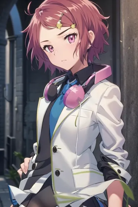 koitominase, <lora:koitominase-lora-nochekaiser:1>,
koito minase, (pink eyes:1.5), pink hair, short hair, swept bangs,
BREAK black shirt, blue necktie, brown pantyhose, buttons, collared shirt, dress shirt, hair ornament, hairclip, headphones, headphones around neck, jacket, long sleeves, necktie, open clothes, open jacket, pantyhose, plaid, pleated skirt, pocket, school uniform, shirt, skirt, unbuttoned, white jacket, white skirt
BREAK looking at viewer, full body,
BREAK indoors, classroom,
BREAK <lyco:GoodHands-beta2:1>, (masterpiece:1.2), best quality, high resolution, unity 8k wallpaper, (illustration:0.8), (beautiful detailed eyes:1.6), extremely detailed face, perfect lighting, extremely detailed CG, (perfect hands, perfect anatomy),
