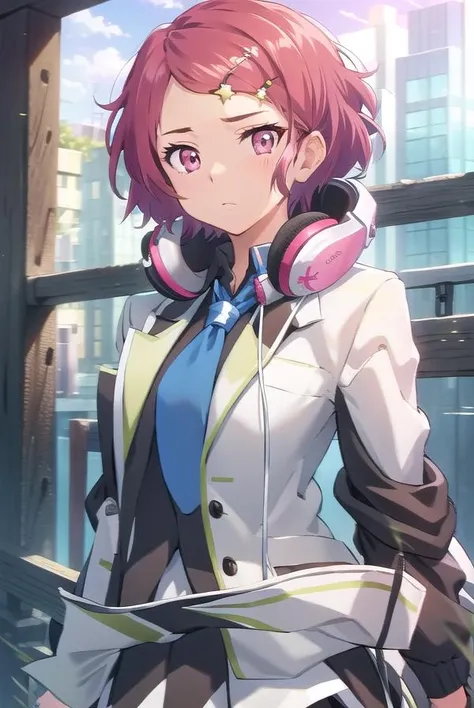 koitominase, <lora:koitominase-lora-nochekaiser:1>,
koito minase, (pink eyes:1.5), pink hair, short hair, swept bangs,
BREAK black shirt, blue necktie, brown pantyhose, buttons, collared shirt, dress shirt, hair ornament, hairclip, headphones, headphones around neck, jacket, long sleeves, necktie, open clothes, open jacket, pantyhose, plaid, pleated skirt, pocket, school uniform, shirt, skirt, unbuttoned, white jacket, white skirt
BREAK looking at viewer, full body,
BREAK indoors, classroom,
BREAK <lyco:GoodHands-beta2:1>, (masterpiece:1.2), best quality, high resolution, unity 8k wallpaper, (illustration:0.8), (beautiful detailed eyes:1.6), extremely detailed face, perfect lighting, extremely detailed CG, (perfect hands, perfect anatomy),