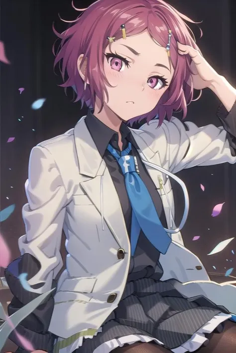 koitominase, <lora:koitominase-lora-nochekaiser:1>,
koito minase, (pink eyes:1.5), pink hair, short hair, swept bangs,
BREAK black shirt, blue necktie, brown pantyhose, buttons, collared shirt, dress shirt, hair ornament, hairclip, headphones, headphones around neck, jacket, long sleeves, necktie, open clothes, open jacket, pantyhose, plaid, pleated skirt, pocket, school uniform, shirt, skirt, unbuttoned, white jacket, white skirt
BREAK looking at viewer, full body,
BREAK indoors, classroom,
BREAK <lyco:GoodHands-beta2:1>, (masterpiece:1.2), best quality, high resolution, unity 8k wallpaper, (illustration:0.8), (beautiful detailed eyes:1.6), extremely detailed face, perfect lighting, extremely detailed CG, (perfect hands, perfect anatomy),