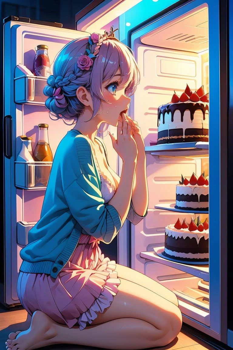 (masterpiece, best quality), 1girl, Rose Crown Braid with Ribbon Wrap, tiny breasts, <lora:girllikerefrigerator:0.8> refrigerator, hands on mouth, from side, colorfully neon lights, cake, drink, chiffon cardigan, seiza, bare feet