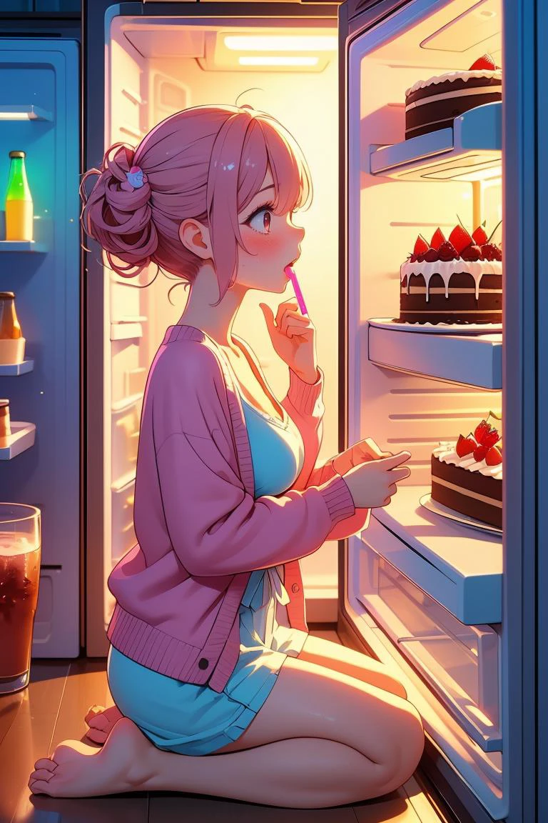 (masterpiece, best quality), 1girl, Medium pink Romantic Updo with Loose Curls, Sizes M to Z breasts, <lora:girllikerefrigerator:0.8> refrigerator, hands on mouth, from side, colorfully neon lights, cake, drink, chiffon cardigan, seiza, bare feet