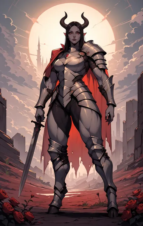 score_9, score_8_up, score_7_up, score_6_up, score_5_up, score_4_up, BREAK rating_safe, 1girl, female demon, muscular, fantasy, grey skin, hooves, horns, knight armor, holding sword, black rose field, red cape, ruined battlefield, smoke,