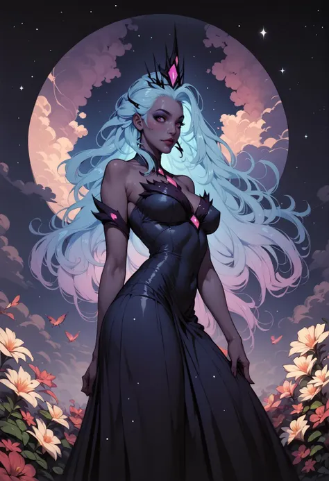 score_9, score_8_up, score_7_up, score_6_up, score_5_up, score_4_up, cosmic elven queen surrounded by clouds, beautiful dress with a flower pattern, detailed face,