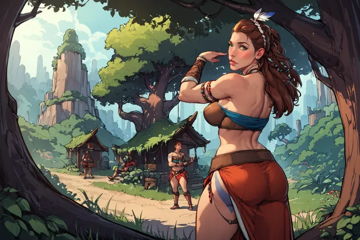 score_9, score_8_up, score_7_up, source_cartoon
- theme: Discovery, Tribal Encounter
- Location: Fantasy tropical forest, within a tribal village
- Number of Characters: 1girl, 2boys
- Character Names and Roles:
- Girl: Aloy, the explorer from Horizon Zero Dawn
- Boy1: Wise old villager, tribal elder with knowledge of the ancients
- Boy2: Tribal warrior, tasked with the protection of the village
- Viewpoint/Shot Type: From behind Aloy, capturing her perspective as she gazes upon the village
- Poses:
- Aloy: Standing, poised with her bow and arrows, ready to engage or defend
- Boy1: Seated outside his hut, surrounded by tribal artifacts, beckoning Aloy closer
- Boy2: In a defensive stance, observing Aloy's approach with cautious respect
- Actions:
- Aloy: Carefully observing the village layout and the villagers, contemplating her next move
- Facial Descriptions:
- Aloy: Mature, focused expression, highlighted by a blue tribal tattoo on her face, green eyes shining with determination under the shadow of her feathered headdress
- Clothing Descriptions:
- Aloy: Dressed in her signature tribal armor, showcasing her athletic, plump figure with an exposed midriff, adorned with a feathered headdress, embodying her connection to nature and the tribe
- Physique Descriptions:
- Aloy: Athletic woman, strong and capable, her stance revealing her readiness and strength
- Image Style: Blending the vivid, detailed style of source_cartoon with the aesthetic depth and realism of Avatar: The Way of Water
- Additional Scene Details: The village is a burst of color and life amidst the fantasy forest, with intricately designed huts and totems that speak of a deep cultural heritage. The air is filled with the sounds of nature and distant conversations, as Aloy steps into a world unlike any she has known.
PONYQUALITYzPDXL, <lora:yukihiro_kajimoto_so2r_xl:1.1> <lora:afrodisia:1> afrodisia