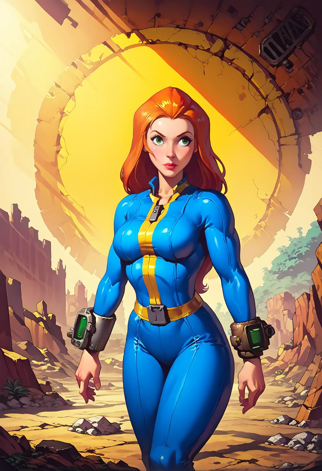 score_9, score_8_up, score_7_up, score_6_up, explore, 1girl, solo, woman, mature_female, muscular, green eyes, sam \(totally spies\), orange hair, long hair, fallout vault suit, blue and yellow, (big bracelet with square screen on 1wrist), deserted town, western, outdoors, realistic, sunlight, vibrant colors, masterpiece, action lines, hard_surface,
<lora:brj-sam-ponyXL-v0.5:0.7> <lora:FalloutVault1024:0.8><lora:falloutpostsdxl:0.8>, 1960s \(style\), classic ad, <lora:fallout_pony:0.4> fallout, <lora:elvgrenstyle3:0.8> <lora:Illumination_style_PDXL:0.6> detailed_background <lora:add-detail-xl:0.8>