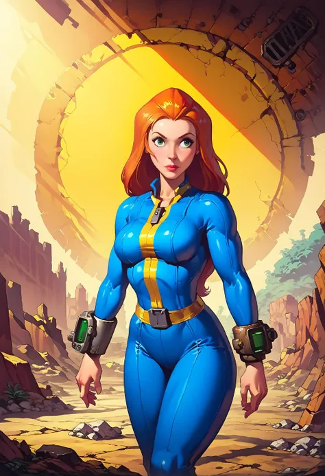 score_9, score_8_up, score_7_up, score_6_up, explore, 1girl, solo, woman, mature_female, muscular, green eyes, sam \(totally spies\), orange hair, long hair, fallout vault suit, blue and yellow, (big bracelet with square screen on 1wrist), deserted town, western, outdoors, realistic, sunlight, vibrant colors, masterpiece, action lines, hard_surface,
<lora:brj-sam-ponyXL-v0.5:0.7> <lora:FalloutVault1024:0.8><lora:falloutpostsdxl:0.8>, 1960s \(style\), classic ad, <lora:fallout_pony:0.4> fallout, <lora:elvgrenstyle3:0.8> <lora:Illumination_style_PDXL:0.6> detailed_background  <lora:add-detail-xl:0.8>