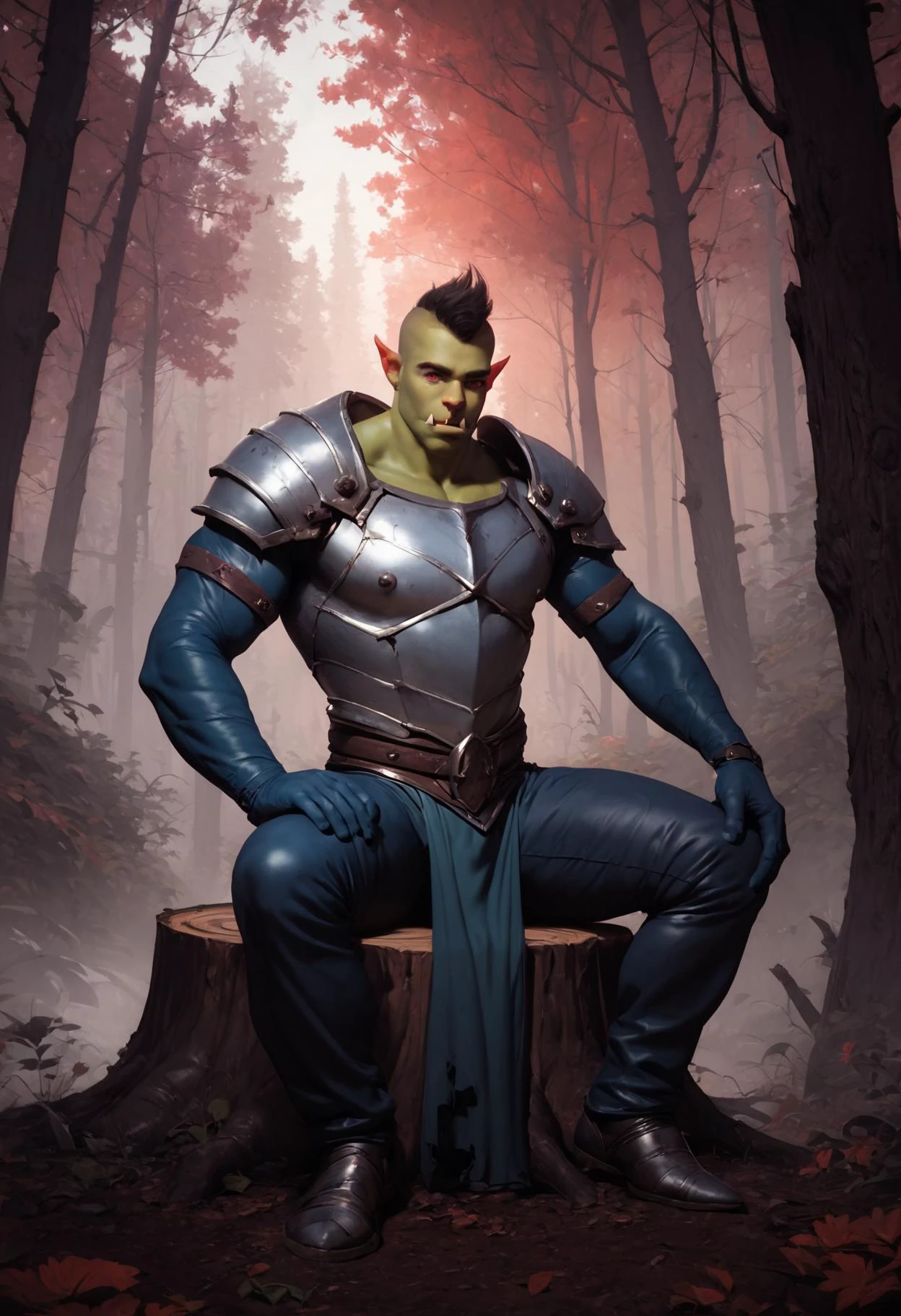 (score_9, score_8_up:1.1), score_7_ up, zPDXL, Large man, orc warrior, green skin, muscular body, sitting on a stump, in dark forest, tress, dark vibe, high cotrast, vivid colors, shadows, hard shadows, sharp shadows, mist, fog, red eyes in the dark, dusk, large sword, red runes, metal armor, realistic, detailed, masterpeice, best quality, realistic, photorealistic,