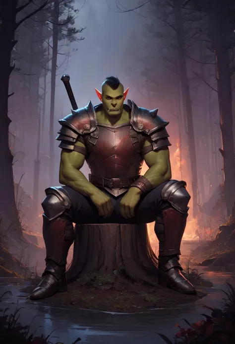 (score_9, score_8_up:1.1), score_7_ up,  zPDXL,  Large man, orc warrior, green skin, muscular body, sitting on a stump, in dark forest, tress, dark vibe, high cotrast, vivid colors, shadows, hard shadows, sharp shadows, mist, fog, red eyes in the dark,  dusk, large sword, red runes, metal armor, realistic, detailed, masterpeice, best quality,