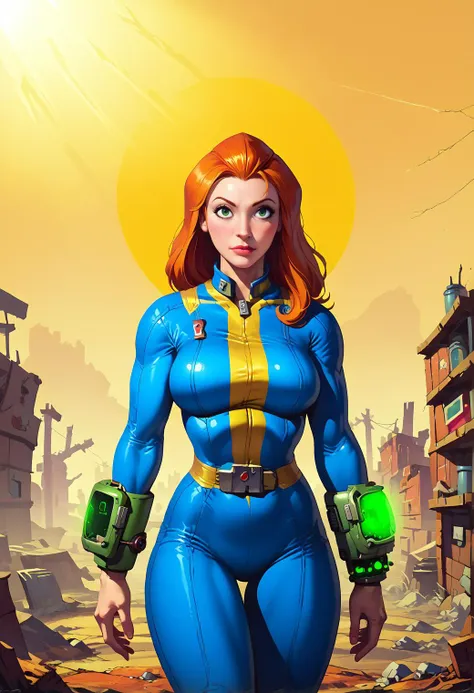 score_9, score_8_up, score_7_up, score_6_up, explore, 1girl, solo, woman, mature_female, muscular, green eyes, sam \(totally spies\), orange hair, long hair, fallout vault suit, blue and yellow, (big bracelet with square screen on 1wrist), deserted town, western, outdoors, realistic, sunlight, vibrant colors, masterpiece, action lines, hard_surface,
<lora:brj-sam-ponyXL-v0.5:0.7> <lora:FalloutVault1024:0.8><lora:falloutpostsdxl:0.8>, 1960s \(style\), classic ad, <lora:fallout_pony:0.4> fallout, fallout4, fallout_new_vegas, fallout3, fallout76, <lora:Illumination_style_PDXL:0.6>