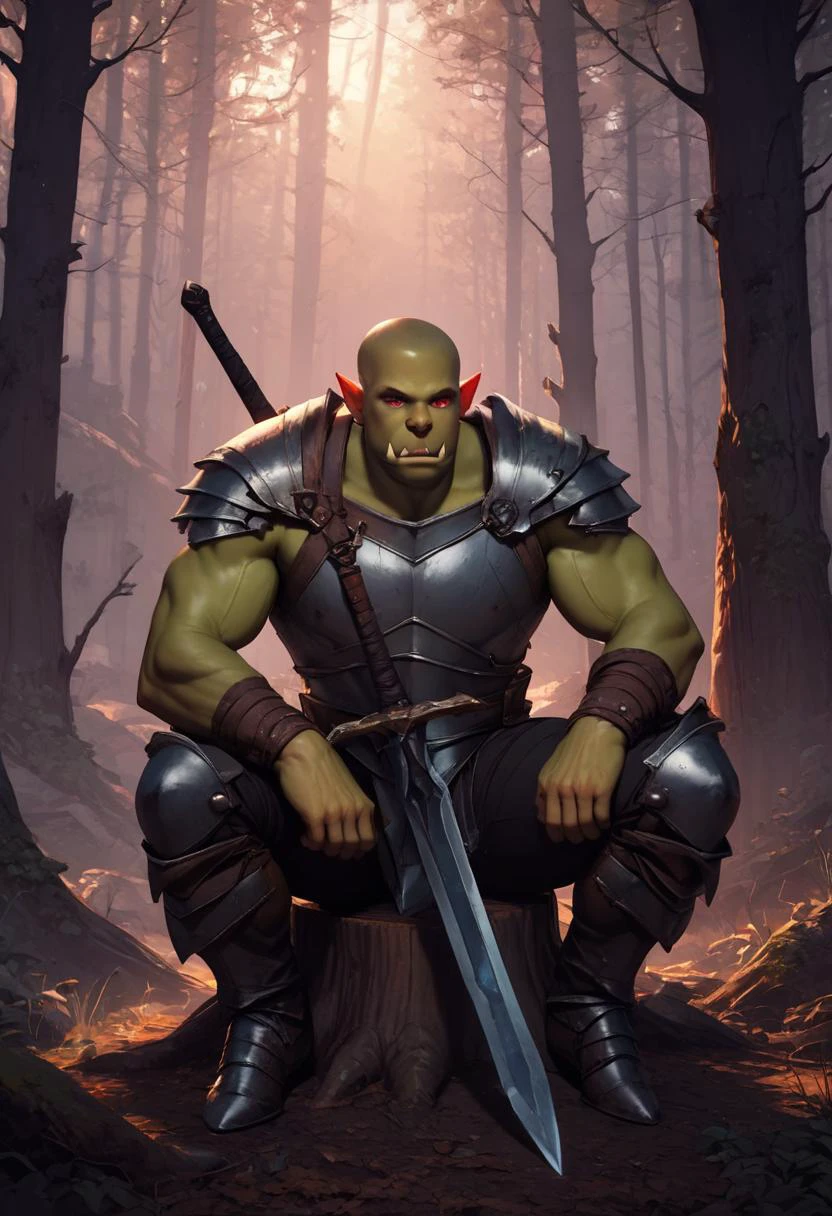 (score_9, score_8_up:1.1), score_7_ up, zPDXL, Large man, orc warrior, green skin, muscular body, sitting on a stump, in dark forest, tress, dark vibe, high cotrast, vivid colors, shadows, hard shadows, sharp shadows, mist, fog, red eyes in the dark, dusk, large sword, red runes, metal armor, realistic, detailed, masterpeice, best quality,