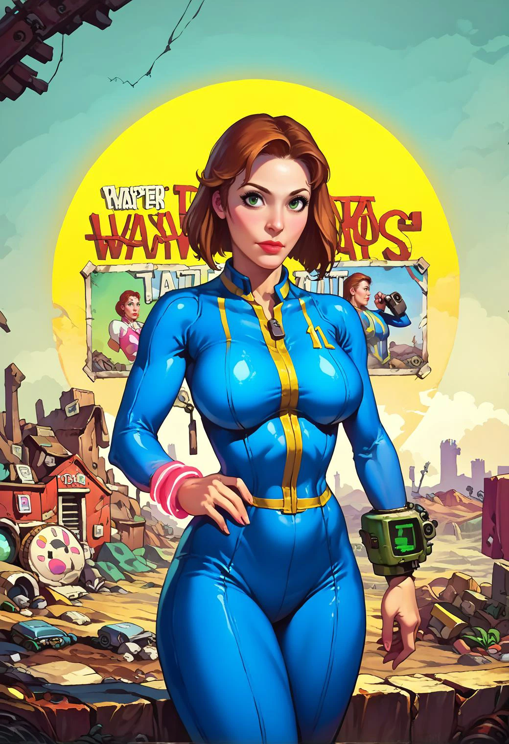 score_9, score_8_up, score_7_up, score_6_up, (Pin-Up Posters:1.2), displate, fallout_frame, girl, solo, woman, mature_female, pinup, muscular, green eyes, fallout vault suit, blue and yellow, (big bracelet with square screen on 1wrist), deserted town, western, outdoors, mousse, realistic, sunlight, vibrant colors, masterpiece, action lines, hard_surface,
<lora:FalloutVault1024:0.8><lora:falloutpostsdxl:0.8>, 1960s \(style\), 60s_playboy_magazine, classic ad, <lora:fallout_pony:0.4> fallout, <lora:elvgrenstyle3:0.8> <lora:Illumination_style_PDXL:0.6>