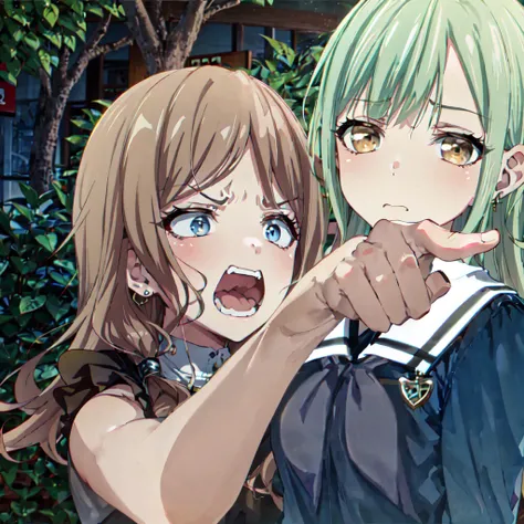 masterpiece, best quality
AND <lora:nagasaki_soyo:0.7>, soyomygo, 2girls, long hair, blue eyes, simple background, brown hair, dress, bare shoulders, bare arms, jewelry, earrings, socks, off shoulder, black footwear, see-through, parted bangs, blue dress, looking at another, (angry:1.3), shouting, open mouth, (frown:1.3, serious:1.3), (pointing at another:1.5), wet hair
AND <lora:wakaba_mutsumi:1>, 2girls, wakaba mutsumi, closed mouth, expressionless