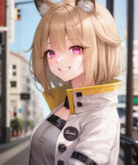 masterpiece, best quality, <lora:arknightsUtage3in1v10:0.7>, OriginalOutfit, white_jacket_with_collar, thigh high, utage\(arknights\), grin, street, portrait, from side, looking at viewer, upper body, close-up