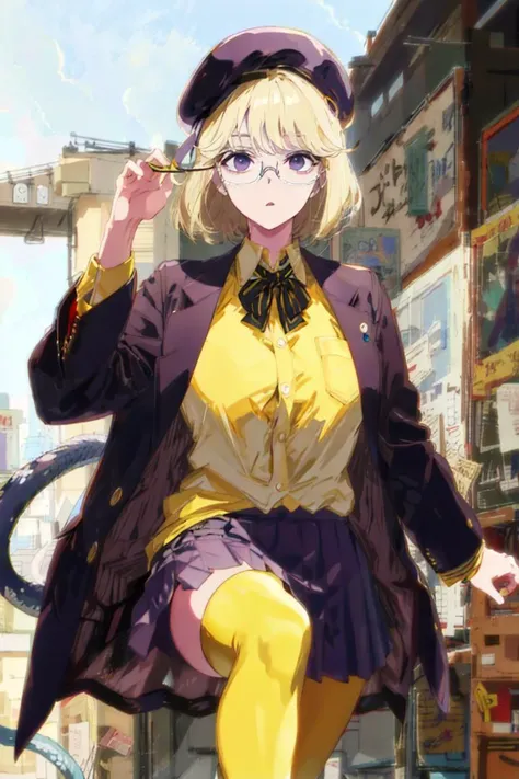 <lora:ArknightsUtageNOREG:0.6>,disguise, glasses, bow tie, purple_shirt, skirt, suit jacket, yellow_legwear, Beret, blond_hair, animal_ears, huge_breasts, short_hair, tail