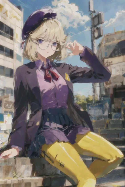 masterpiece,1girl,disguise, glasses, bow tie, purple_shirt, skirt, suit jacket, yellow_legwear, Beret <lora:ArknightsUtageNOREG:0.8>