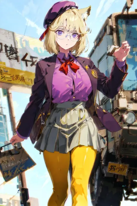 <lora:ArknightsUtageNOREG:0.6>,disguise, glasses, bow tie, purple_shirt, skirt, suit jacket, yellow_legwear, Beret, blond_hair, animal_ears, huge_breasts, short_hair, tail